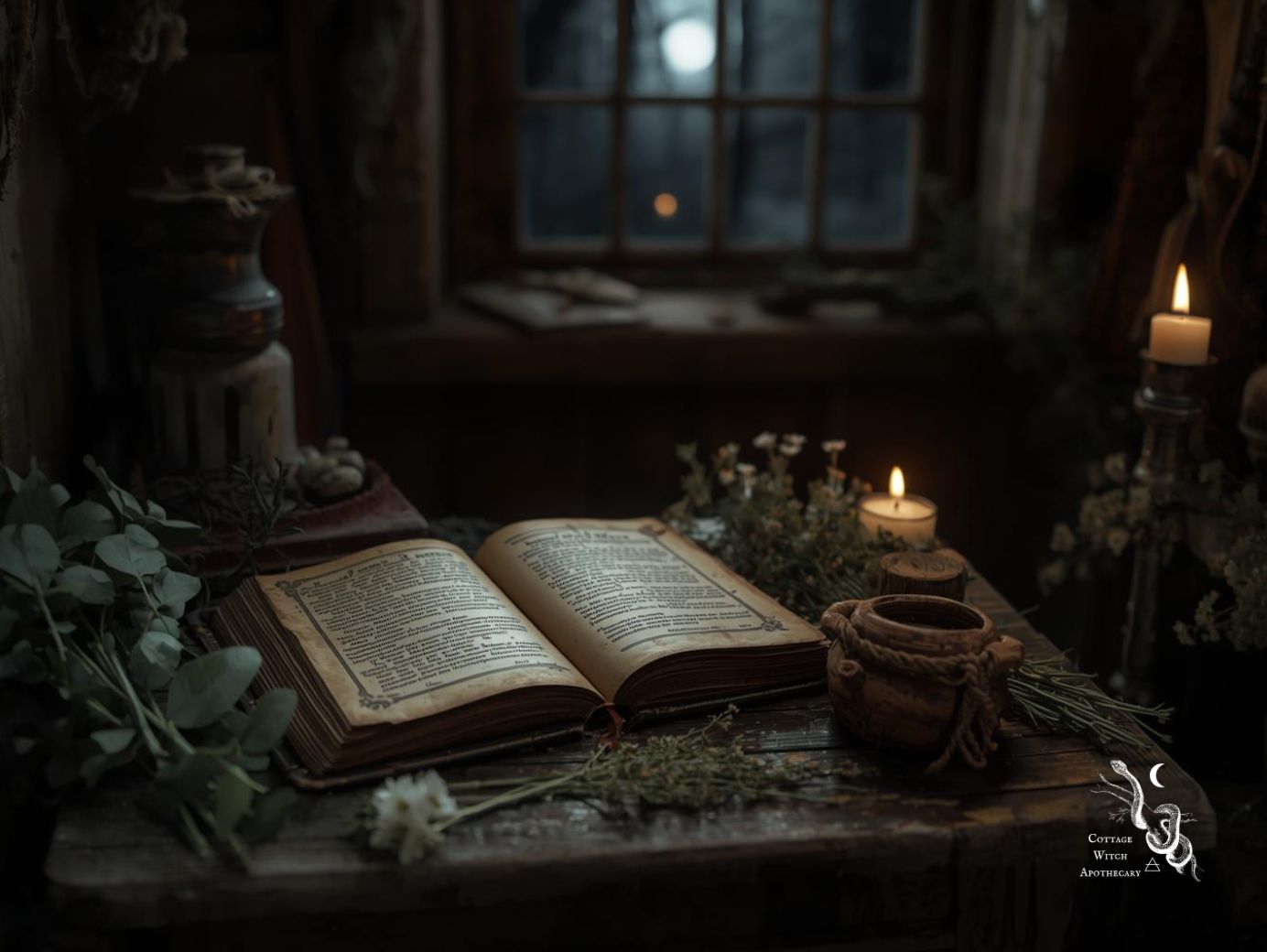 Historická nádobka na bylinnou mast v šeru čarodějné chýše